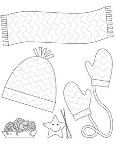 a hat, mittens and knitting needles are shown in this coloring page for kids