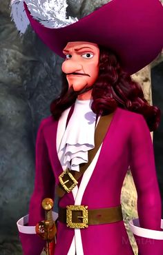 an animated image of a man in a purple suit and hat with feathers on his head