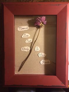 a red frame with some paper cutouts and a flower in the middle that has been pinned to it