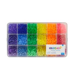 a box filled with lots of different colored beads