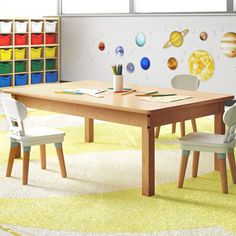 a child's table and chairs in front of a wall with planets on it