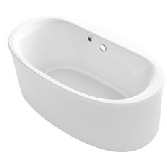 the bathtub is white and has an oval shape