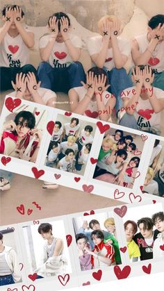 the collage shows many different people with hearts on their faces and hands in front of them