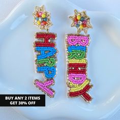 * Birthday Earrings * ♦ Material: Seed Bead ♦ Color: Multicolor ♦ Gift For: Mom, Daughter, Sister, Girlfriend, Wife  ♦ Occasions: Birthday ♦ Size: 4.5'' x 1.2'' ♦ Theme: Birthday ♦ Lead and Nickel Free ♥ Be ready to get lots of compliments ♥ ♦ More from us  https://www.etsy.com/shop/ONYUK ♦ Instagram: https://www.instagram.com/onyuk_/ ♦ Facebook: https://www.facebook.com/SHOPONYUK ♥ Your order means a lot to me ♥ Mother's Day Beaded Party Jewelry, Trendy Handmade Earrings For Birthday, Handmade Earrings For Birthday And Mother's Day, Trendy Handmade Earrings For Birthdays, Beaded Jewelry For Mother's Day Party, Mother's Day Party Beaded Jewelry, Multicolor Drop Earrings For Birthday, Whimsical Beaded Earrings With Dangling Beads For Gifts, Fun Dangling Beads Jewelry As Gift