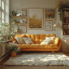 a living room filled with furniture and lots of plants on top of a white rug