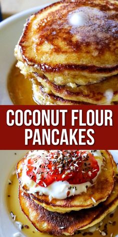 pancakes on a plate Keto Pancakes Almond Flour, Pancakes Almond Flour, Coconut Flour Pancakes Recipe, Keto Brood, Coconut Flour Pancakes, Coconut Flour Recipes, Flour Pancakes, Cookies Gluten Free