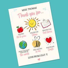 a thank card with the words i love from lily x and images of school subjects