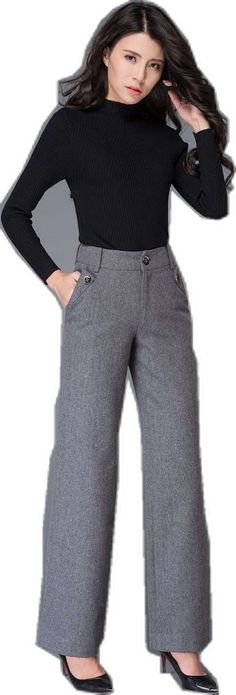 Tailored Wool Wide Leg Pants For Office, Wide Leg Wool Dress Pants For Office, Elegant Gray Wide-leg Dress Pants, Business Casual Wool Wide Leg Pants, Business Casual Full Length Wool Wide Leg Pants, Wool Wide Leg Pants For Office, Wool Wide Leg Pants For Business Casual, Gray Wide Leg Pants For Formal Fall Occasions, Wool Wide-leg Pants For Business Casual