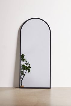 a mirror sitting on top of a table next to a potted plant