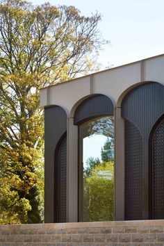 an arched window reflecting trees in the background