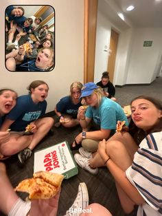 a group of people sitting on the floor eating pizza