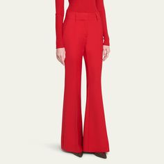 Gabriela Hearst "Rhein" trousers Mid-rise sits high on hip Slanted side pockets Full length Flared legs Hidden hook/zip fly; belt loops Virgin wool Made in Italy Gabriela Hearst, Bergdorf Goodman, Flare Pants, Scarlet, Mid Rise, Full Length, Tops Designs, In Italy, Trousers