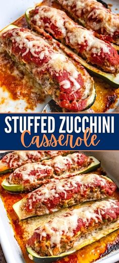 stuffed zucchini casserole in a baking dish with cheese and sauce on top