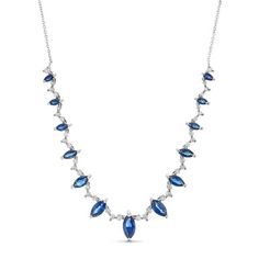 This Marquise Blue Sapphire Diamond Necklace features marquise cut blue sapphires interspersed with sparkling diamonds, set on a delicate chain. Perfect for adding a touch of sophistication to any outfit. Sapphire Diamond Necklace, Diamonds Direct, Blue Sapphire Diamond, Diamond Education, Jewelry Lookbook, Delicate Chain, Sapphire Necklace, Diamond Pendant Necklace, Mens Jewelry Bracelet