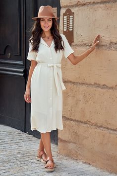 White Short Sleeve Collar Neck Cotton Midi Dress with Buttons Collared Dress Outfit, Classic Button-up Midi Dress For Summer, White Button-up Midi Dress, White Button-up Midi Dress For Day Out, White Button-up Feminine Midi Dress, White A-line Midi Dress With Button Closure, Modest Summer Dresses, Kimono Wrap Dress, Pleated Skirt Dress