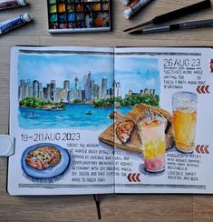 an open sketchbook with pictures of food and drinks on it, along with markers