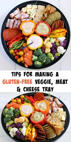 two plates filled with different types of food and the words tips for making a gluten - free veggie, meat and cheese tray