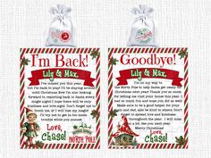 two christmas gift tags with the words i'm back and goodbye