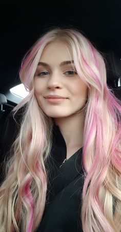 Light Pink Money Piece Hair Blonde, Light Blonde Hair With Pink Highlights, Blonde And Pastel Pink Hair, Blonde Hair With Colored Streaks, Blonde Hair And Pink Highlights, Pink Underdye Hair Blonde, Merliah Summers Hair, Pink Strands In Blonde Hair, Hot Pink Highlights In Blonde Hair