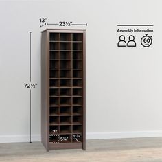 a tall bookcase with shelves and measurements for each shelf in front of the wall