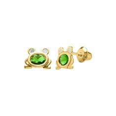 Children's 14K yellow gold frog stud earrings with lab-created green and white simulated diamonds Frog Earrings, Helzberg Diamonds, Kids Earrings, Berkshire Hathaway, Green And White, Women's Earrings, Cubic Zirconia, Lab, Diamonds