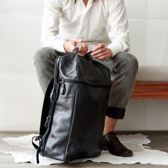 travel backpack black by capra leather 17 Inch Laptop Backpack, Leather Travel Backpack, Handmade Leather Backpack, Mens Backpack Travel, Linen Interior, Leather Laptop Backpack, Travel Rucksack, Luggage Strap, No Thanks