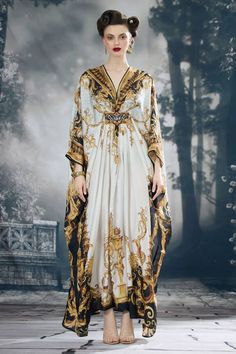 Black and gold silk long kaftan with all over regal prints. - Aza Fashions Rajdeep Ranawat, Kaftan For Women, Adah Sharma, Diana Penty, Long Kaftan, Kareena Kapoor Khan, Madhuri Dixit, Luxury Sale, Gold Silk