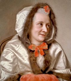 a painting of a woman in a white dress and fur stoler with an orange bow