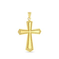 "14k solid gold Cross pendant. measures 1 1/2\" by 1\". high polish finish." Gold Cross Jewelry With Large Pendant, Elegant Cross Pendant Necklace With Large Pendant, Elegant Necklace With Large Cross Pendant, Gold Jewelry With Large Cross Pendant, Yellow Gold Cross Necklace With Large Pendant, White Gold Necklace With Large Cross Pendant, White Gold Large Cross Pendant Jewelry, Gold Cross Pendant Jewelry With Polished Finish, 14k Gold Crucifix Necklace With Polished Finish