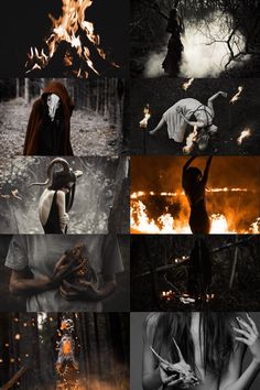 a collage of photos with fire and flames in the background, including a woman holding a