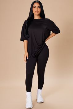 Available In Black. Legging Set Short Sleeve Oversized T-Shirt Leggings Stretch 95% Polyester 5% Spandex Imported | Weekend Vibes Legging Set in Black size 2X by Fashion Nova Black Shirt And Leggings Outfit, Elevated Biker Shorts Outfit, Workout Clothes Plus Size, Black Leggings Summer Outfit, Gym Clothes Women Plus Size, Leggings And Oversized Tshirt Outfit, Short Leggings Outfit, Tshirt And Leggings Outfit, Black Leggings Outfit Summer