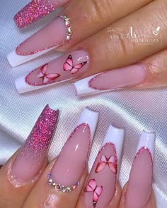 Nails With Butterflies, Pink And White Nails, Nails With Glitter, Classy Nail Designs, Long Nail Designs, Trendy Nail Art, Acrylic Nails Coffin Short, Pink Acrylic Nails, Square Acrylic Nails