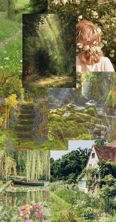 a collage of photos with flowers and trees in the foreground, along with a woman's back to the camera