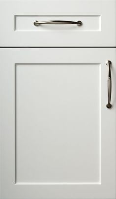 a close up of a white cabinet door with a handle on the front and bottom