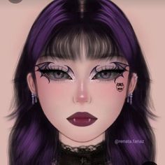 Purple Halloween Makeup Ideas, October Eye Makeup, Graphic Eyeliner Halloween, Purple Hair Halloween Costumes, Purple Halloween Makeup, Friday The 13th Makeup, Purple Goth Makeup, Purple Hair Character, Halloween Eyeliner Ideas