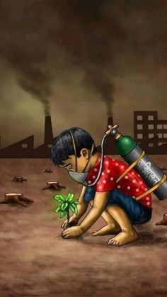 a painting of a man kneeling down in the dirt with a plant growing out of it