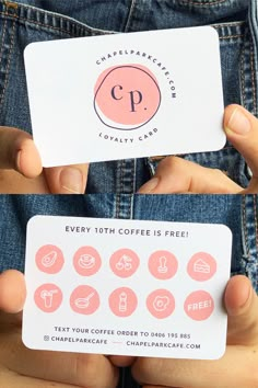 two hands holding up business cards for coffee shop