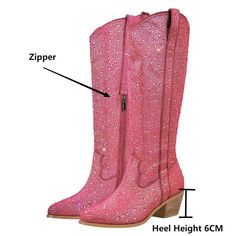 Women Rhinestone Boots Pink Knee High Boots Glitter Bling Shiny Pointed Toe Block Heel Western Cowgilr Boots Boot Type: WESTERN Shaft Material: Sequined Cloth Outsole Material: RUBBER Upper Material: Sequined Cloth Origin: Mainland China Season: Winter Insole Material: PU Heel Type: Strange Style Lining Material: LYCRA Boot Height: Knee-High Item Type: BOOTS Fashion Element: Bling Department Name: ADULT Toe Shape: Pointed toe Heel Height: High (5cm-8cm) With Platforms: No Style: Concise is_handmade: Yes Pattern Type: Solid Model Number: 1005005287943896 Fit: Fits true to size, take your normal size Closure Type: SLIP-ON Heel Height: 6 CM Packaging: With dusting bags and Box BOOTS: silver western booties Important Note（size) 1.Please noted size will have 1-5mm error as handmade.onlymaker sh Pink Knee High Boots, Rhinestone Boots, Western Booties, Pu Heels, Slip On Boots, Boot Types, Pointed Toe Heels, Pink Rhinestones, Western Boots