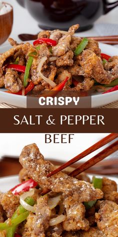 crispy salt and pepper beef is served with chopsticks