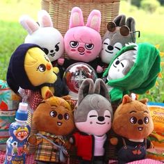 a basket filled with lots of stuffed animals sitting on top of a grass covered field