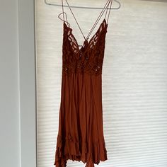 New Without Tags Free People Rust Colored Adela Slip Dress Bohemian Spaghetti Strap Dress For Date Night, Bohemian Dresses With Spaghetti Straps For Date Night, Bohemian Brown Dress With Spaghetti Straps, Brown Rayon Beach Dress, Brown Sleeveless Dress With Lace Trim, Sleeveless Brown Dress With Lace Trim, Bohemian Brown Dress For Date Night, Rust Color, Free People Dresses