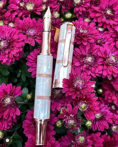 two pens sitting next to each other on top of purple flowered plants with pink flowers in the background