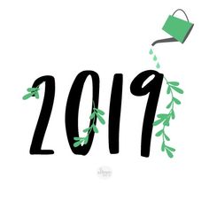 the year is written in black and green with leaves coming out of it, as well as a watering can