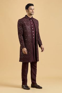 Black sherwani featuring floral thread embroidery all over highlighted with sequin. Paired with a solid kurta and a pant. - Aza Fashions All Over Highlights, Black Sherwani, Floral Thread Embroidery, Embroidered Sherwani, Buy Wine, Thread Embroidery, Kurta Set, Embroidered Silk, Aza Fashion