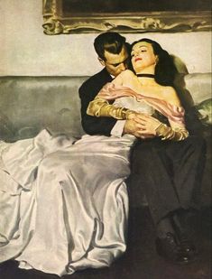 a painting of a man and woman sitting on a couch with their arms around each other