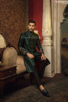 sherwani for men Designer Bandhgala With Dupatta For Reception, Elegant Embroidered Sherwani For Groom, Elegant Embroidered Groom Sherwani, Elegant Embroidered Traditional Wear For Groom, Elegant Embroidered Traditional Groom Wear, Green Bollywood Nehru Jacket For Wedding, Formal Green Sherwani For Transitional Season, Elegant Traditional Wear With Intricate Embroidery For Groom, Designer Sherwani For Groom Traditional Drape