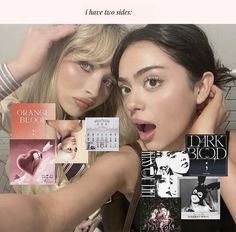 two beautiful young women standing next to each other in front of a wall covered with magazines