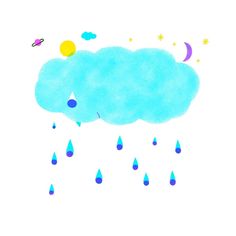 a drawing of a blue cloud with stars and moon in the sky above it is raindrops