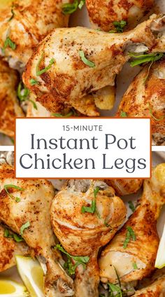 instant pot chicken legs with lemons and herbs in the middle on a white plate