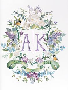 a watercolor painting with the letters ak and flowers